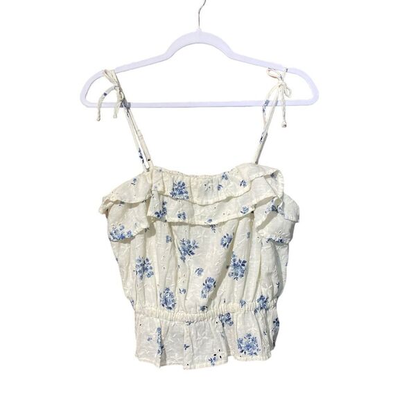 American Eagle Ruffled Tie Strap Floral Linen Blend Eyelet Crop Top Women's Med. - Picture 3 of 15
